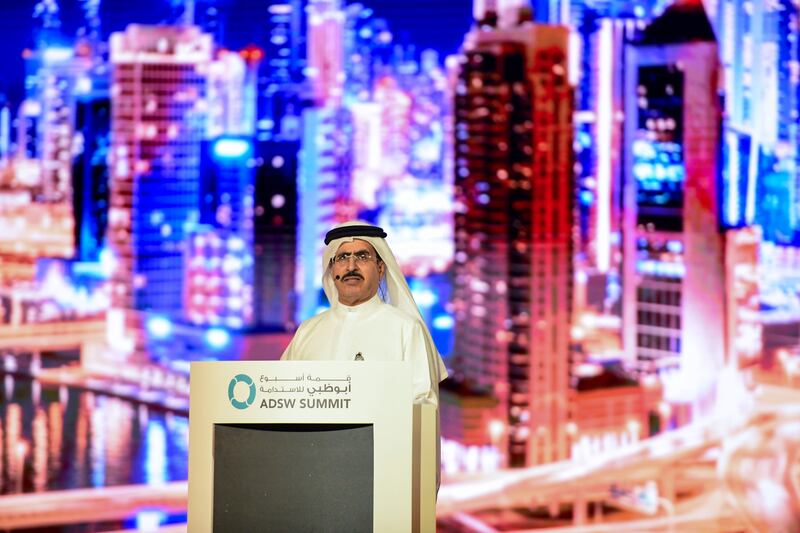Saeed Al Tayer, managing director and chief executive of Dubai Electricity and Water Authority, delivers a speech. Khushnum Bhandari / The National