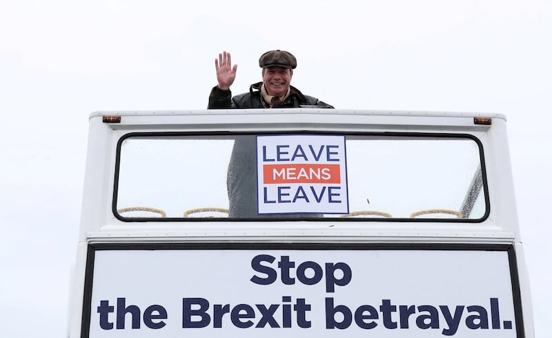 Brexit campaigner Nigel Farage gestures during 'Brexit Betrayal' march from Sunderland to London, in Sunderland, Britain March 16, 2019. REUTERS/Scott Heppell       TPX IMAGES OF THE DAY
