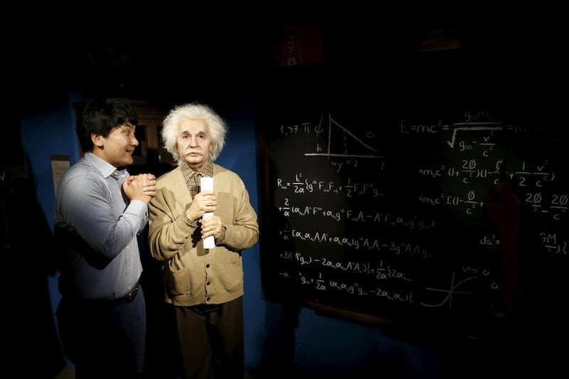 A man jokes next to the wax figure of Albert Einstein at Grevin Wax Museum in Seoul, South Korea, July 30, 2015 Kim Hong-Ji / Retuers