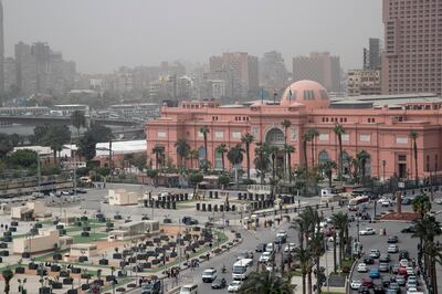 epa09091945 A general view of the Egyptian Museum at the Tahrir Square, Cairo, Egypt, 23 March 2021. Egypt is preparing for the transportation of a total of 22 royal mummies belonging to ancient Egyptian kings and queens from the Egyptian Museum in Tahrir Square to the Museum of Civilization scheduled for 03 April.  EPA/KHALED ELFIQI
