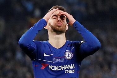 Soccer Football - Carabao Cup Final - Manchester City v Chelsea - Wembley Stadium, London, Britain - February 24, 2019 Chelsea's Jorginho reacts after missing a penalty during the shootout REUTERS/David Klein EDITORIAL USE ONLY. No use with unauthorized audio, video, data, fixture lists, club/league logos or 'live' services. Online in-match use limited to 75 images, no video emulation. No use in betting, games or single club/league/player publications. Please contact your account representative for further details.