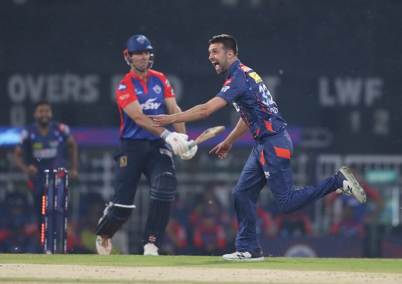 Mark Wood of Lucknow Super Giants celebrates the wicket of Mitchell Marsh of Delhi Capitals during the Indian Premier League cricket match between Delhi Capitals and Lucknow Super Giants in Lucknow, India, Saturday, April 1, 2023.  (AP Photo / Surjeet Yadav)