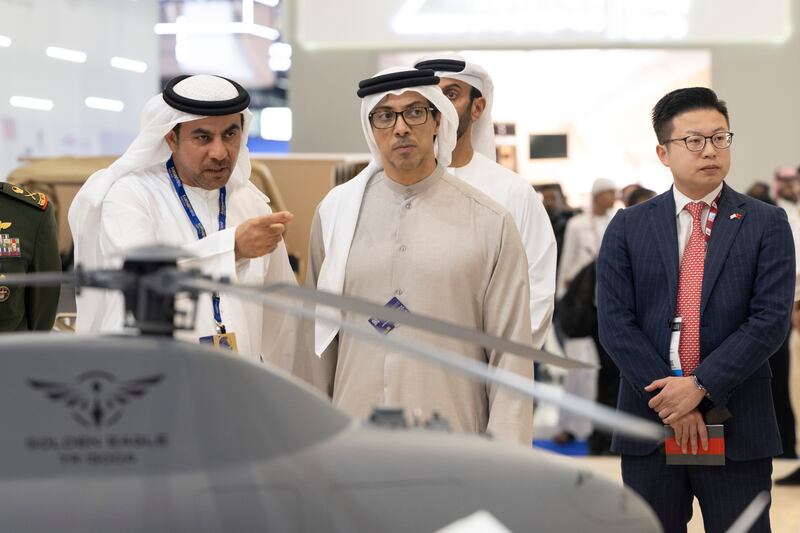 Sheikh Mansour views an exhibit at the Dubai Airshow.

Mohamed Al Hammadi / UAE Presidential Court