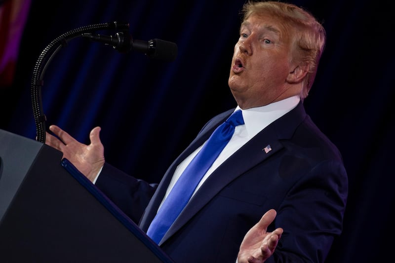 (FILES) In this file photo taken on October 12, 2019 US President Donald Trump speaks at the Values Voter Summit at the Omni Shoreham Hotel in Washington, DC. US Defense Secretary Mark Esper said Sunday the Pentagon would cooperate with the congressional impeachment inquiry -- in an apparent break with President Donald Trump's policy to thwart the probe. 
Esper said his department would try to comply with a subpoena from House Democrats seeking records relating to the withholding of US military aid to Ukraine.
 / AFP / Eric BARADAT
