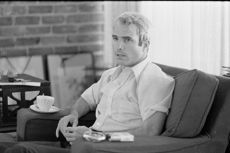 Portrait of American soldier and Vietnam prisoner of war (and future US Senator) John McCain as he sits on a sofa during a interview, April 24, 1973. About a month prior, he had been released and returned from Vietnam. (Photo by Thomas O'Halloran/PhotoQuest/Getty Images)