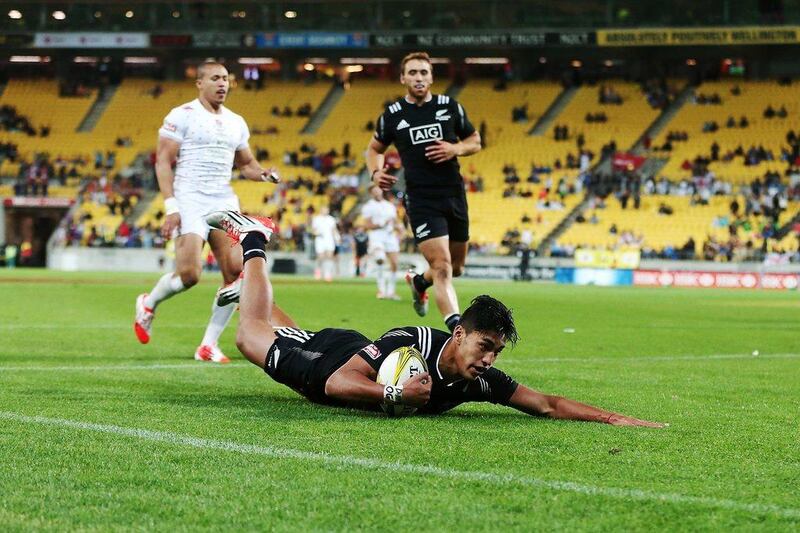 New Zealand's Reiko Ioane, 17, dives for a try against England in the final of Wellington Sevens on Saturday. Anthony Au-Yeung / Getty Images / February 7, 2015