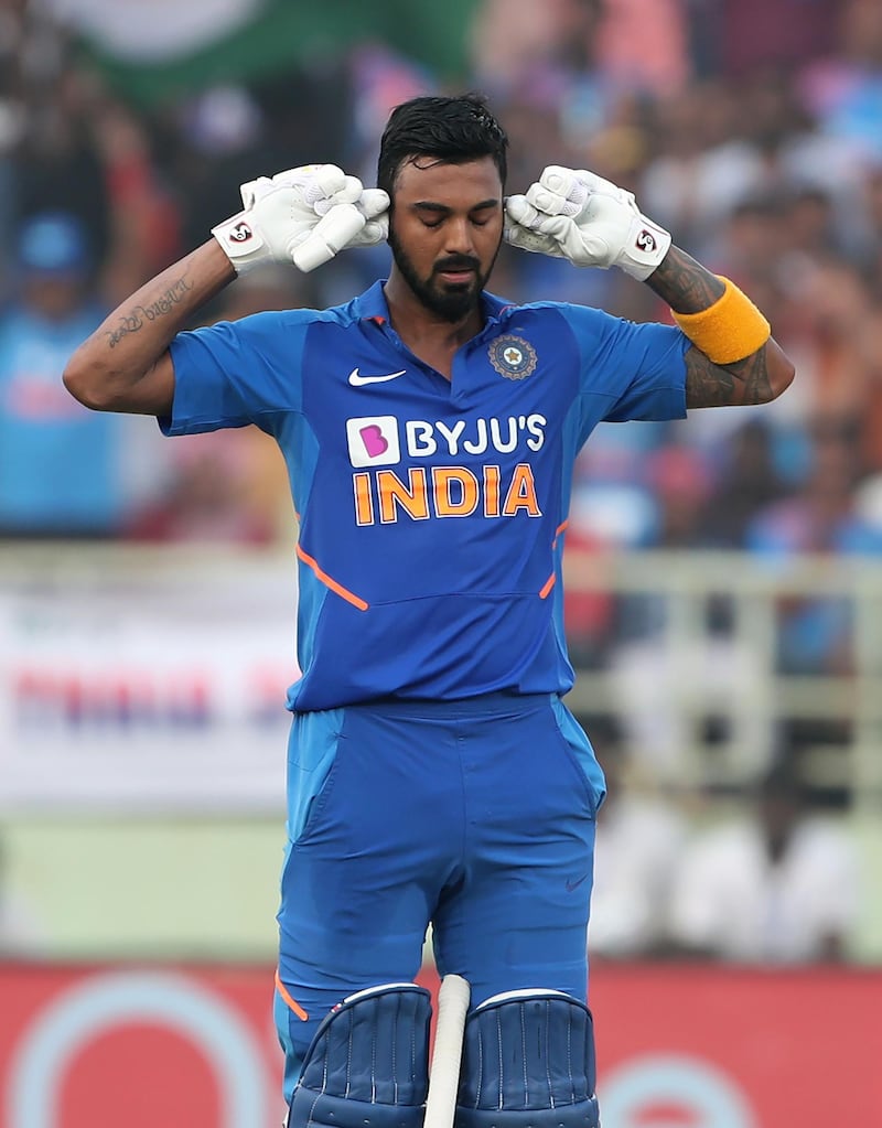 K L Rahul after reaching three figures during the second ODI in Visakhapatnam. AFP