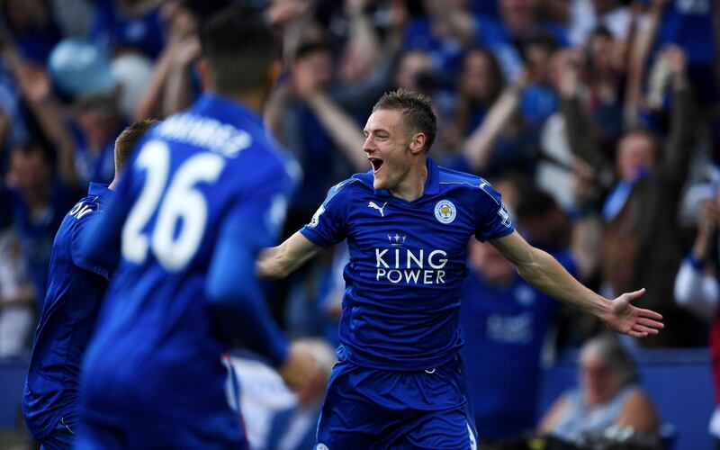 LEICESTER, ENGLAND - MAY 07:  Jamie Vardy of Leicester City celebrates scoring his team's first goal during the Barclays Premier League match between Leicester City and Everton at The King Power Stadium on May 7, 2016 in Leicester, United Kingdom.  (Photo by Shaun Botterill/Getty Images)