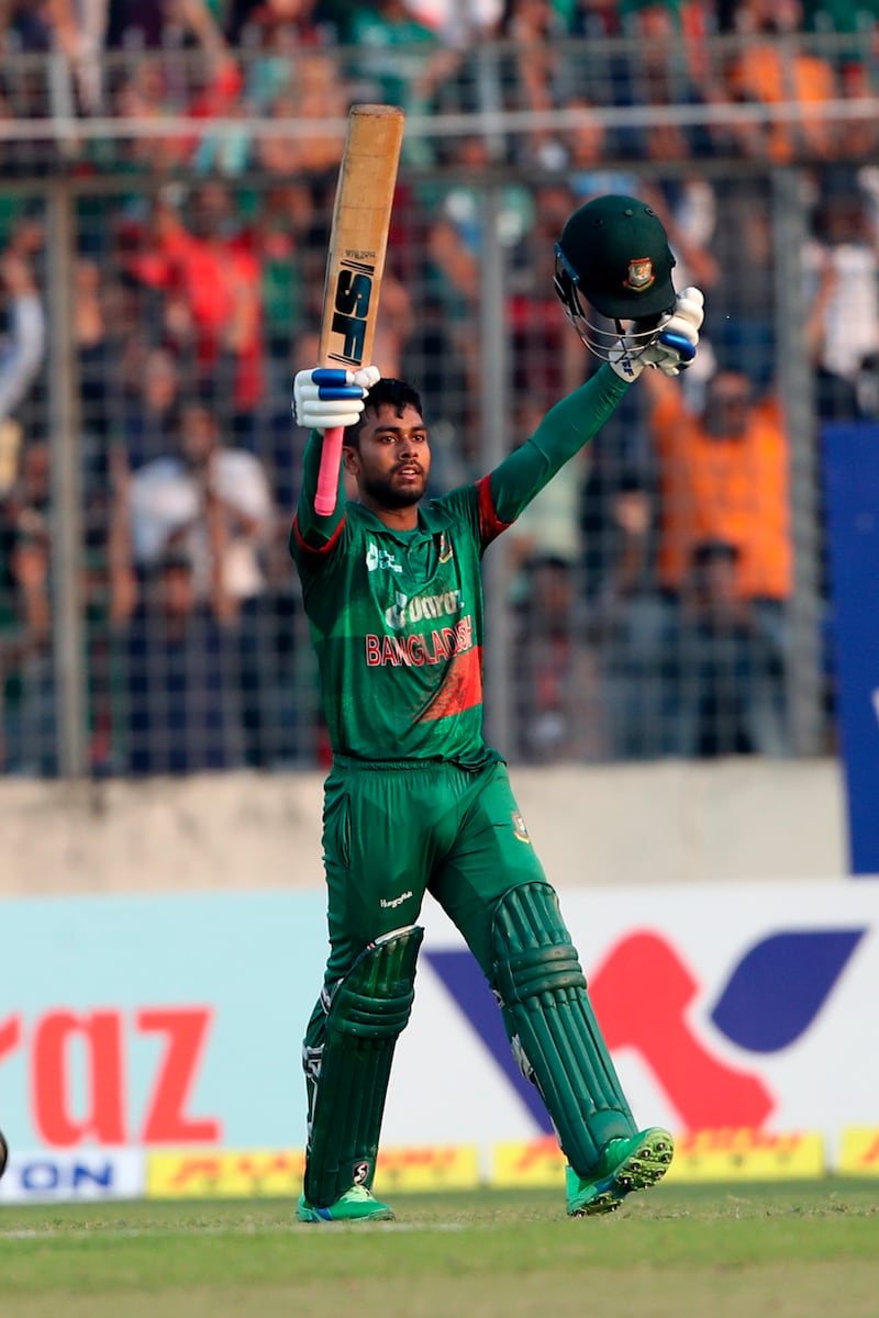 Bangladesh's Mehidy Hasan Miraz celebrates his century during the second one-day international  against India in Dhaka on December 7, 2022. AP