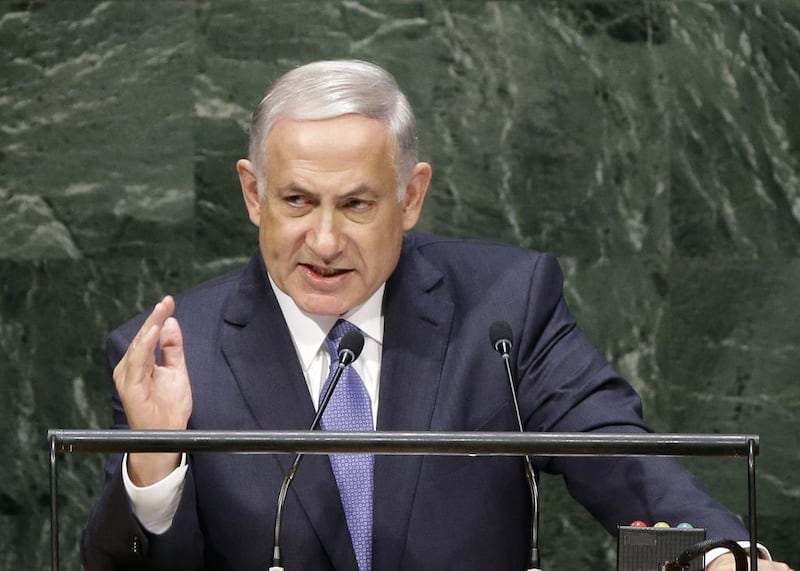 Israeli premier Benjamin Netanyahu speaks at the 69th session of the United Nations General Assembly in New York on Monday. Seth Wenig / AP Photo