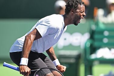 Mar 14, 2022; Indian Wells, CA, USA;  Gael Monfils (FRA) reacts after he defeated Daniil Medvedev (RUS) in his third round match during the BNP Paribas Open at the Indian Wells Tennis Garden.  Mandatory Credit: Jayne Kamin-Oncea-USA TODAY Sports