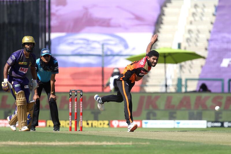 Basil Thampi of Sunrisers Hyderabad bowls during match 35 of season 13 of the Dream 11 Indian Premier League (IPL) between the Sunrisers Hyderabad and the Kolkata Knight Riders at the Sheikh Zayed Stadium, Abu Dhabi  in the United Arab Emirates on the 18th October 2020.  Photo by: Vipin Pawar  / Sportzpics for BCCI