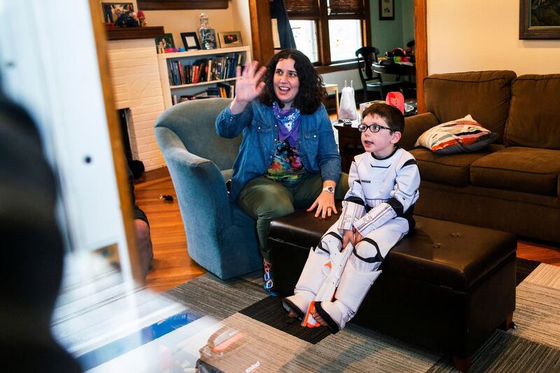 Reuben Goodman and his motherEmily enjoy a virtual Zoom party during his fifth birthday at his house during the outbreak of coronavirus in South Orange, New Jersey USA, on April 14, 2020. Reuters