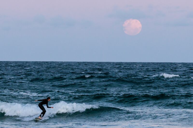 SYDNEY, AUSTRALIA - NOVEMBER 08: The full moon rises at Manly Beach ahead of a total lunar eclipse in Sydney on November 08, 2022 in Sydney, Australia.  Australians will experience the first visible total lunar eclipse of the year on Tuesday, with the eclipse also being visible from New Zealand. (Photo by Brook Mitchell / Getty Images)