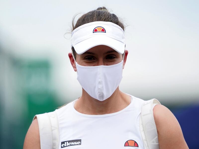British tennis star Johanna Konta wears a face mask at the Viking Open at Nottingham Tennis Centre. PA