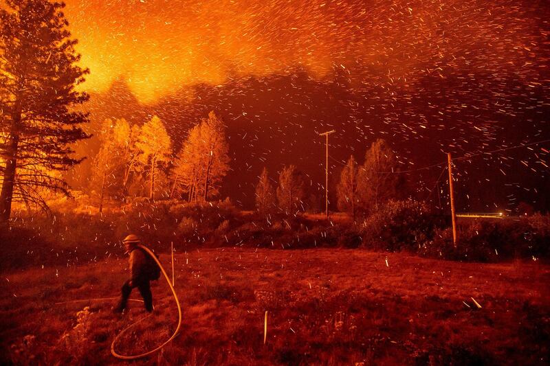 Embers fly above a firefighter as he tries to control a backfire as the Delta Fire burns in the Shasta-Trinity National Forest, Calif. AP