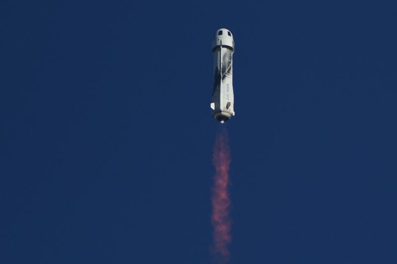 The New Shepard rocket carrying 'Star Trek' actor William Shatner launches from West Texas on October 13, 2021. AFP