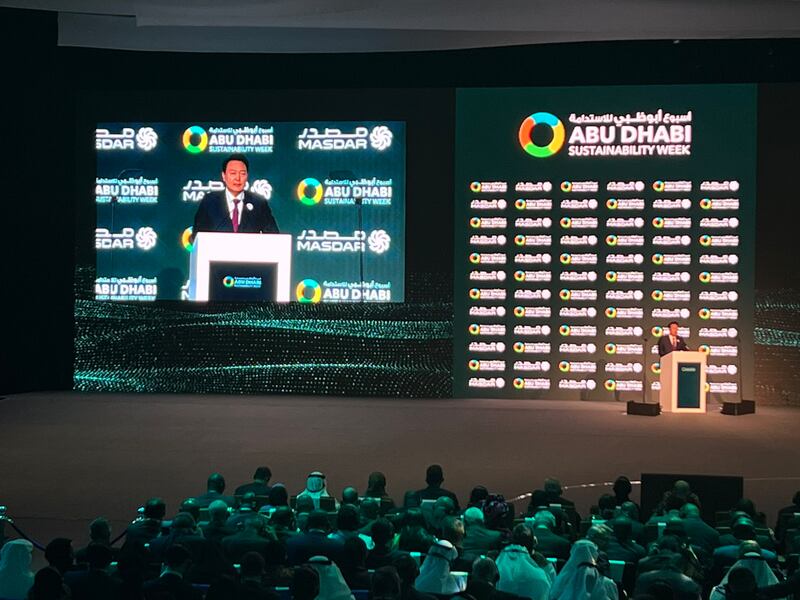 South Korea’s President Yoon Suk Yeol delivers keynote speech during opening ceremony of Abu Dhabi Sustainability Week 2023. Photo: ADSW