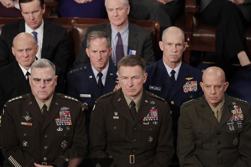 Members of the Joint Chiefs listen as US President Donald Trump delivers his State of the Union address during a joint session of congress in the House chamber of the US Capitol in Washington, DC.  EPA