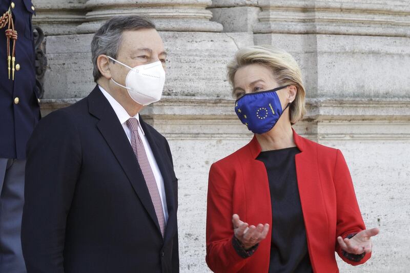 Mario Draghi, Italy's prime minister, left, and Ursula von der Leyen, president of the European Commission, arrive for the G20 Global Health summit in Rome, Italy, on Friday, May 21, 2021. Participants of the virtual summit will adopt a so-called "Declaration of Rome," according to officials, made up of 16 guiding principles focused on fair distribution of vaccines, ramping up production and the possible use of compulsory licenses. Photographer: Donatella Giagnori/Eidon/Bloomberg