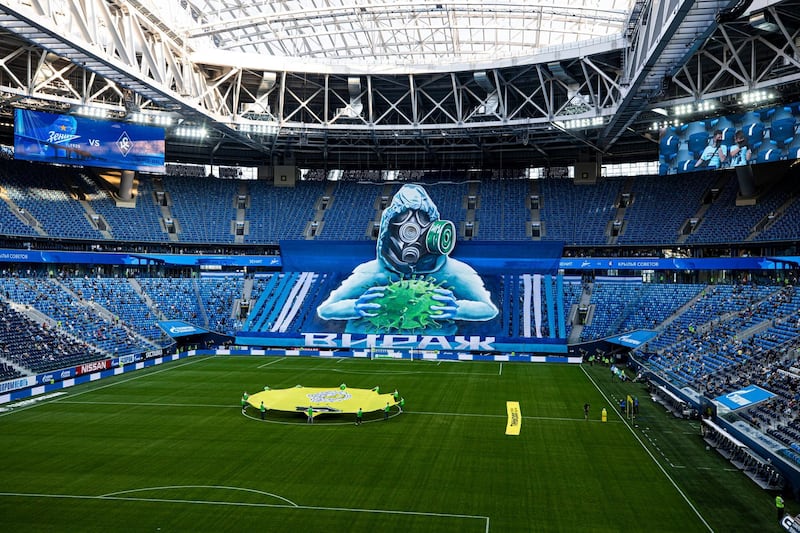 FC Zenit's fans stretch a giant Covid-19 tifo during the Russian Premier League match against Krylia Sovetov Samara at the Gazprom Arena in St.Petersburg. Courtesy FC Zenit in English / @fczenit_en