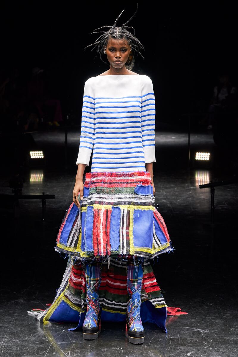 House codes of Breton stripes and tartan reappeared at the Jean Paul Gaultier couture show, pieced from satin ribbon and fragments of utility clothing.