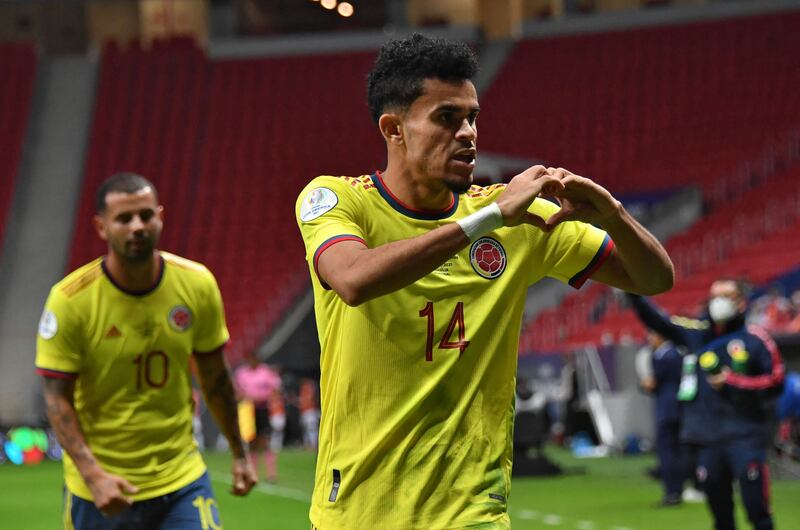 Colombia's Luis Diaz celebrates after scoring against Argentina.