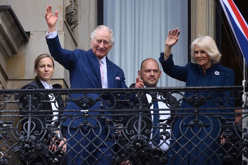 King Charles and Queen Consort Camilla waved from a balcony of Hamburg City Hall. AP