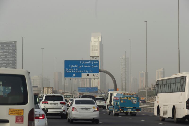 Buildings in Dubai against the haze on Monday evening. Antonie Robertson / The National
