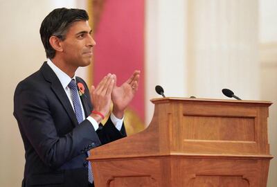Rishi Sunak delivers his speech at Buckingham Palace. AFP