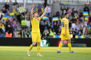 DUBLIN, IRELAND - JUNE 08: Viktor Tsygankov of Ukraine celebrates their sides first goal during the UEFA Nations League League B Group 1 match between Republic of Ireland and Ukraine at Aviva Stadium on June 08, 2022 in Dublin, Ireland. (Photo by Charles McQuillan / Getty Images)