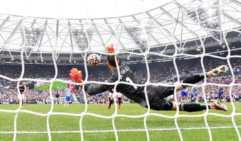 David De Gea saves the penalty taken by West Ham midfielder Mark Noble. Getty