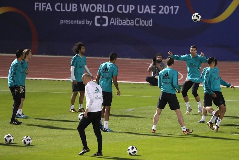 Real Madrid players train ahead of their Fifa Club World Cup semi-final against Al Jazira at New York University Abu Dhabi ground. Karim Sahib / AFP