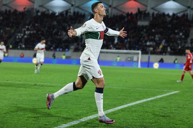 Portugal`s Cristiano Ronaldo celebrates after scoring his second goal in a 6-0 win over Luxembourg. EPA