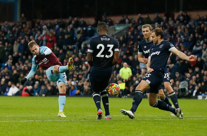 Burnley's Matej Vydra takes a shot on goal. AFP