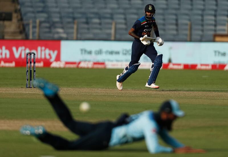 India's Hardik Pandya drives the ball against England in Pune. Reuters
