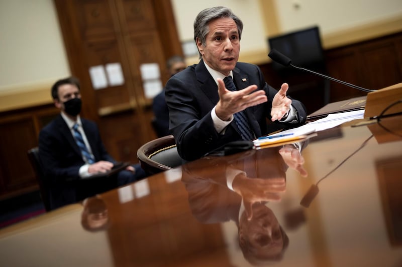 U.S. Secretary of State Antony Blinken speaks during a House Foreign Affairs Committee hearing in Washington, D.C., U.S., March 10, 2021. Ting Shen/Pool via REUTERS