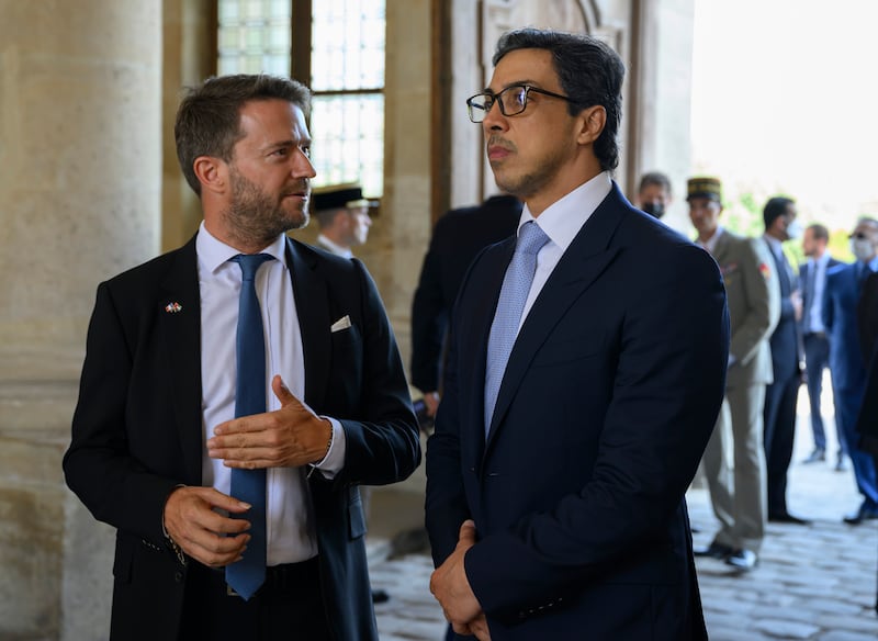 Sheikh Mansour bin Zayed, UAE Deputy Prime Minister and Minister of the Presidential Court, attends a reception at the Army Museum. Seen with Xavier Chatel, French ambassador to the UAE. Photo: Presidential Court