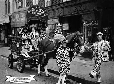 Pearly kings and queens of London opening Alfies antique stalls in 1977. Photo: Alfies