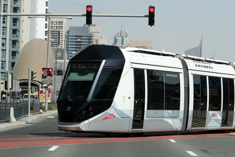 DUBAI, UNITED ARAB EMIRATES , October 25– 2020 :- View of the Dubai Tram in Dubai Marina in Dubai. (Pawan Singh / The National) For News/Stock