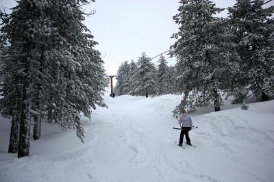 A skier takes the ski-lift up one of the slopes in the Troodos mountains, in the East Mediterranean Island of Cyprus, as a cold spell hit the region on March 1, 2012. AFP PHOTO / MONA BOSHNAQ (Photo by MONA BOSHNAQ / AFP)