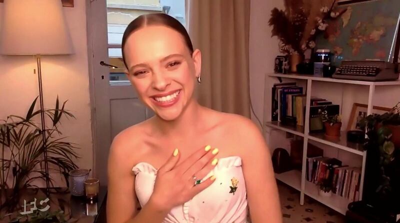 Shira Haas accepts the award for Best Female Performance in a New Scripted Series for 'Unorthodox' in this screen grab from the 36th annual Film Independent Spirit Awards in Los Angeles on April 22. Reuters