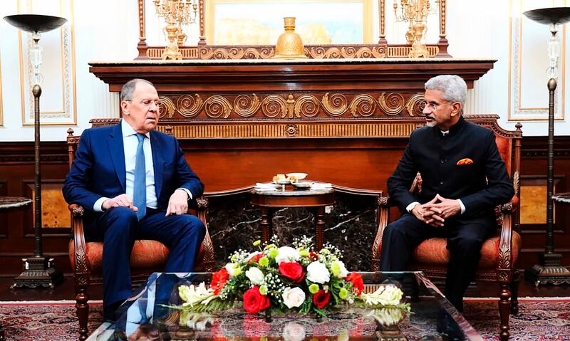 Russian Foreign Minister Sergey Lavrov, left, meets his Indian counterpart Subrahmanyam Jaishankar in New Delhi in April last year. They held 'wide-ranging talks' on Thursday ahead of the Shanghai Co-operation Organisation foreign ministers meeting. AP