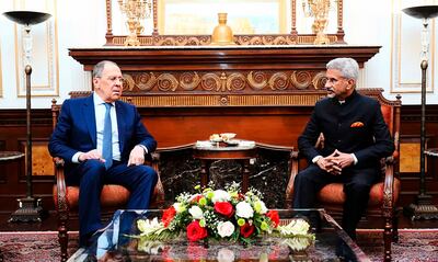 Indian Foreign Minister Subrahmanyam Jaishankar, right, and his Russian counterpart Sergey Lavrov at a meeting in New Delhi. AP