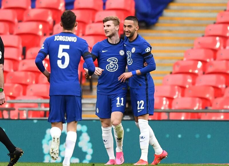 Chelsea's Hakim Ziyech, right, celebrates after scoring. EPA