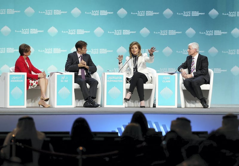 Dubai, United Arab Emirates - February 10, 2019: L-R Becky Anderson, Dr Oz, The Dr Oz show, Arianna Huffington, Founder, Thrive Global and David Clark
Chair of Experimental Psychology, speak about mental health during day 1 at the World Government Summit. Sunday the 10th of February 2019 at Madinat, Dubai. Chris Whiteoak / The National