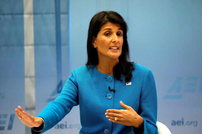 U.S. Ambassador to the United Nations Nikki Haley speaks about the Iran nuclear deal at the American Enterprise Institute in Washington, U.S., September 5, 2017. REUTERS/Aaron P. Bernstein