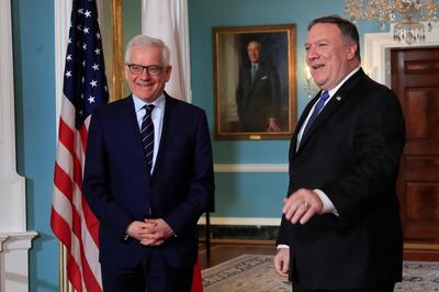 Secretary of State Mike Pompeo, right, meets with Polish Foreign Minister Jacek Czaputowicz at the State Department in Washington, Monday, May 21, 2018. (AP Photo/Manuel Balce Ceneta)