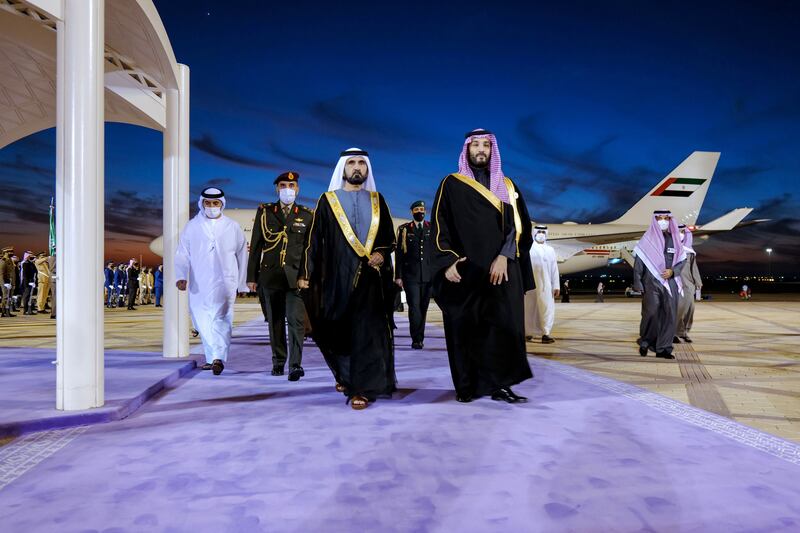 Sheikh Mohammed bin Rashid, Vice President and Ruler of Dubai, arrives in Riyadh. Sheikh Mohammed was received by Saudi Arabia's Crown Prince Mohammed bin Salman upon arrival. Dubai Media Office