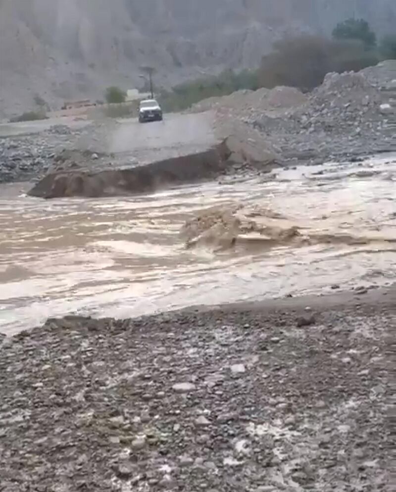 An overflowing wadi in Ras Al Khaimah. The Northern Emirates bore the brunt of the weekend's weather. Courtesy Storm Centre. 